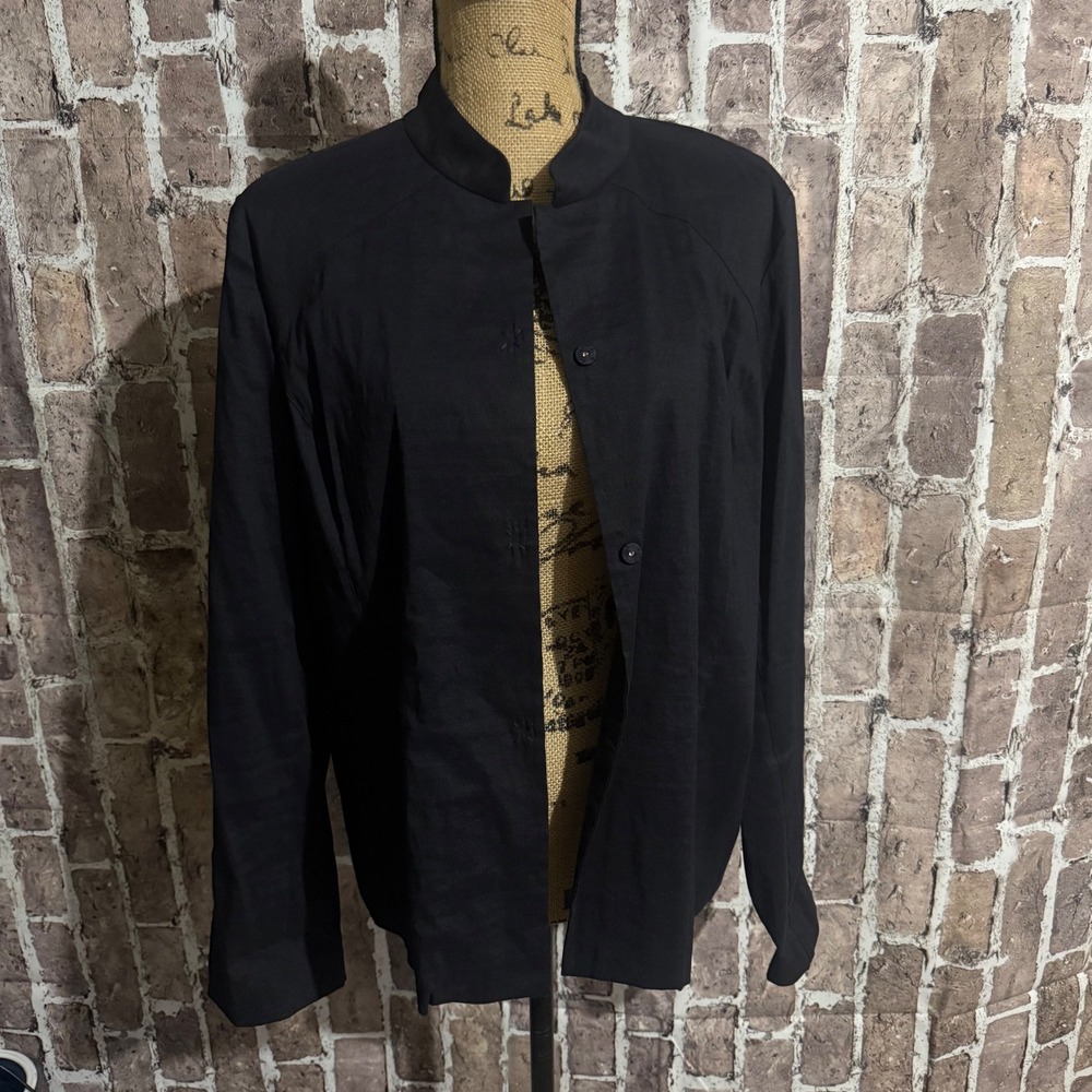 Eileen Fisher Mandarin Collar Linen Blend Jacket Lg Black Minimalist Capsule